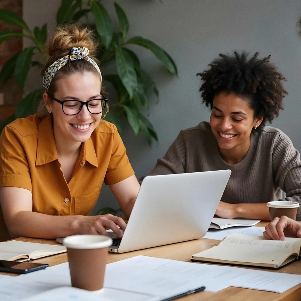 Two editors smiling while working at a laptop